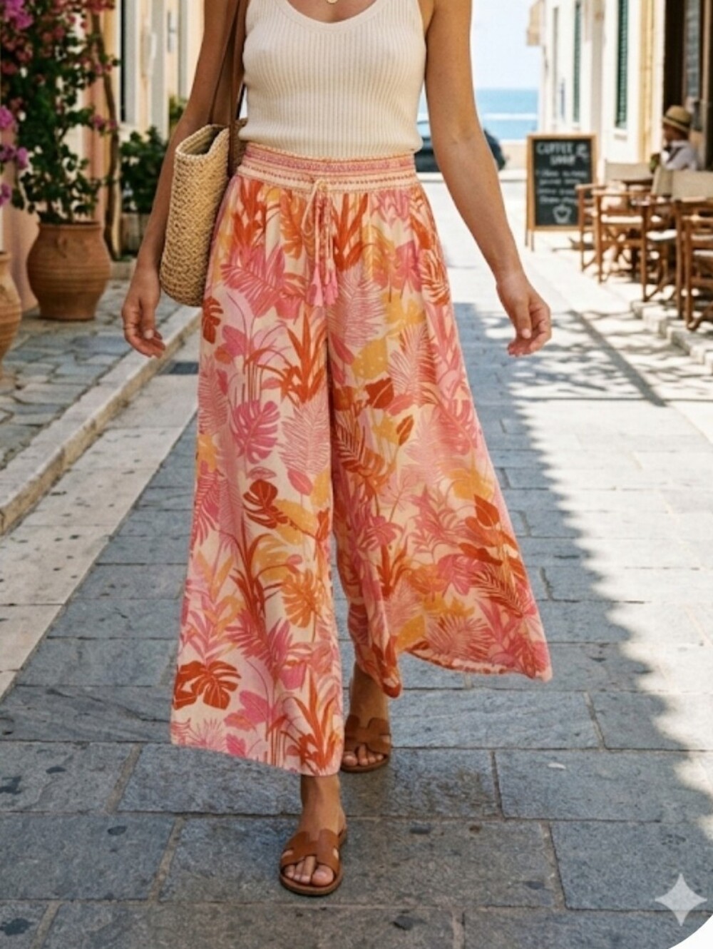 Haute Hippie Pink & Orange Tropical-Print Wide Leg Pants